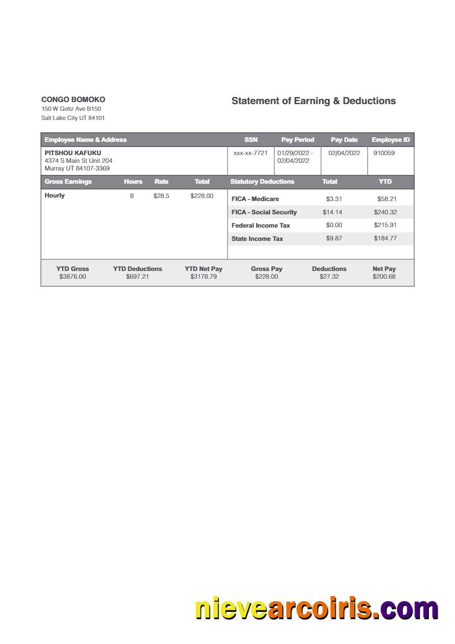 Congo Bomoko statement of earning & deductions